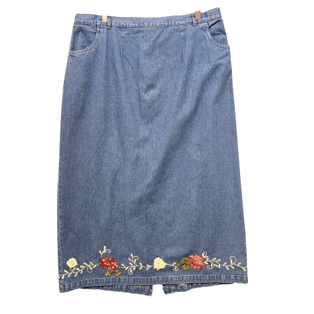 Vintage Denim Midi Skirt With‎ Floral Embroidery & Pockets 1X Boho Cottagecore